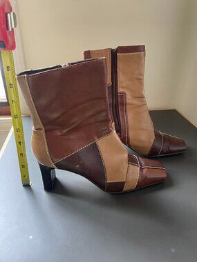 Vintage 90s Carolina Colours Patchwork Leather Boots Square Toe Block Heel Y2K